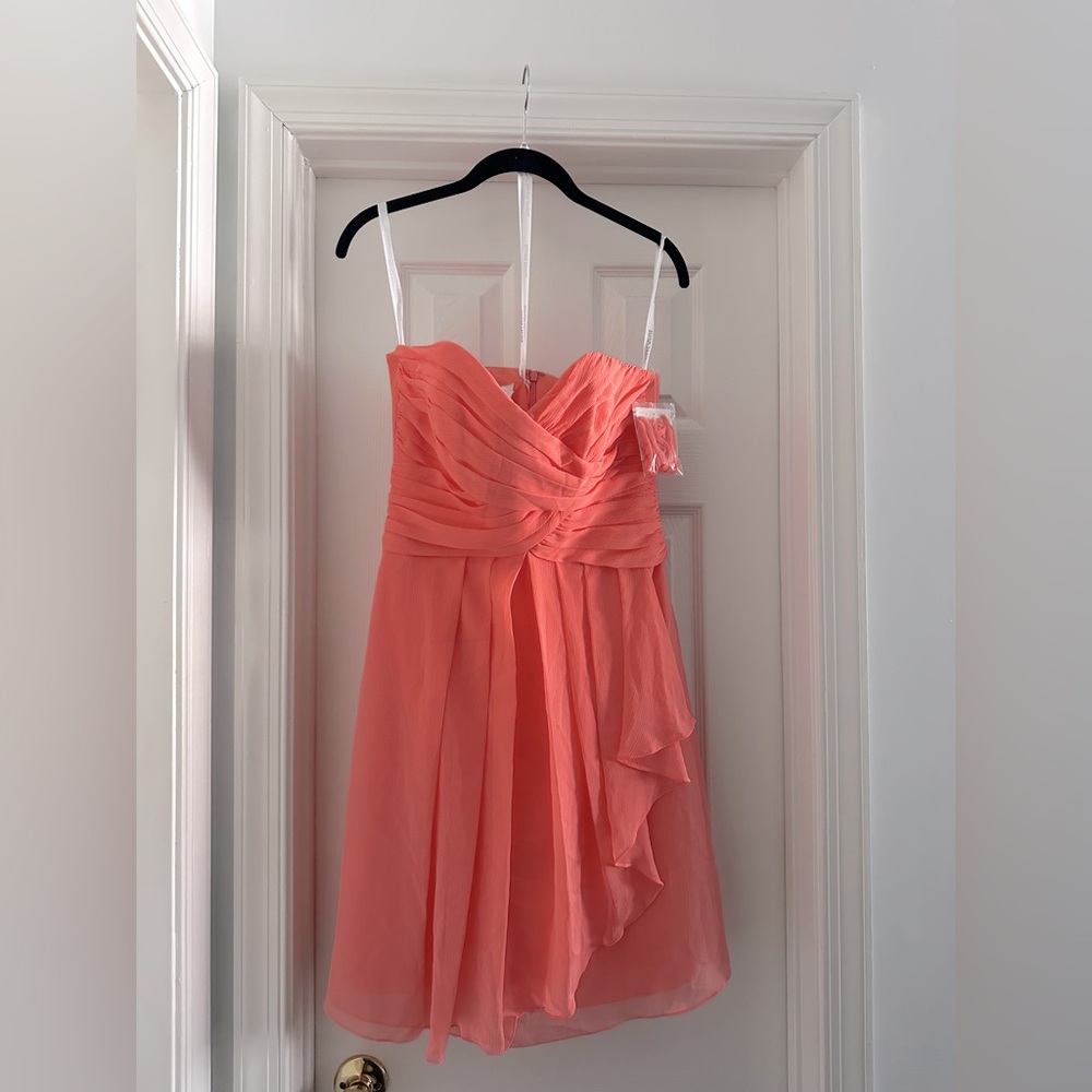 NWT David’s Bridal Short Crinkle Chiffon Dress with Front Cascade, Size 8, Coral